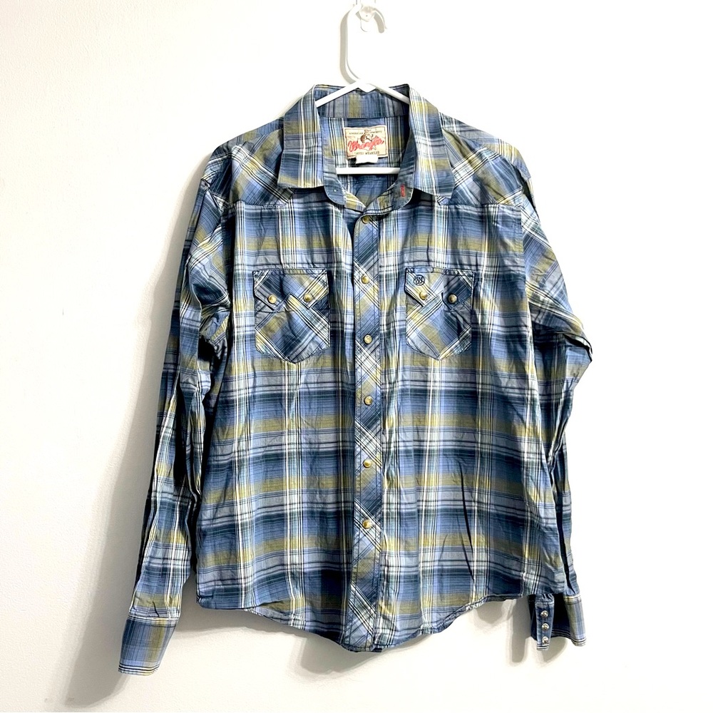 Vintage Wrangler Western Plaid Button Down w Pearl Snaps Blue Gray Read Notes XL